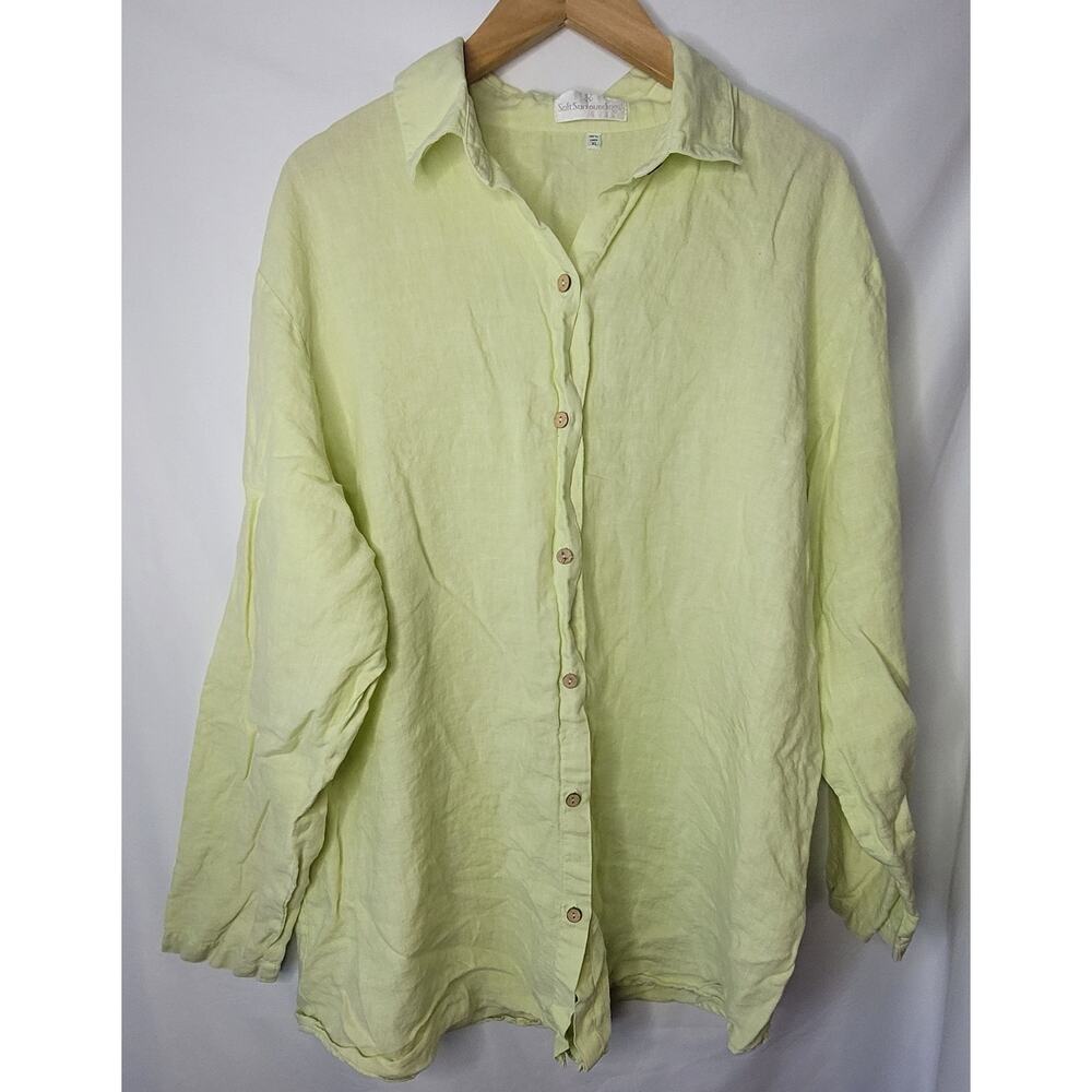 Soft Surroundings- Women's Linen Button down long sleeve top- Green- size XL